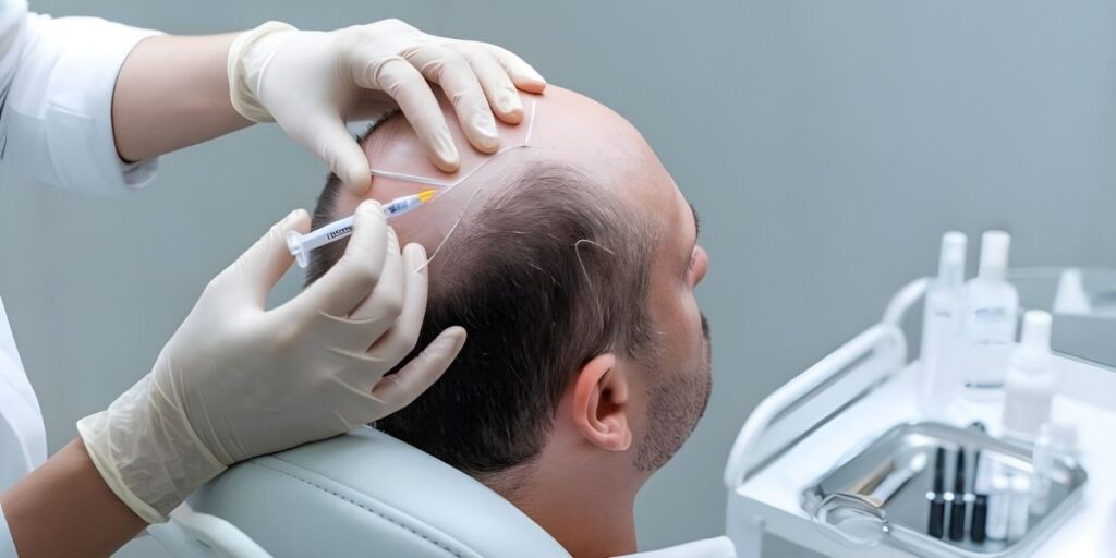 man receiving prp injection for treatment of androgenic alopecia 